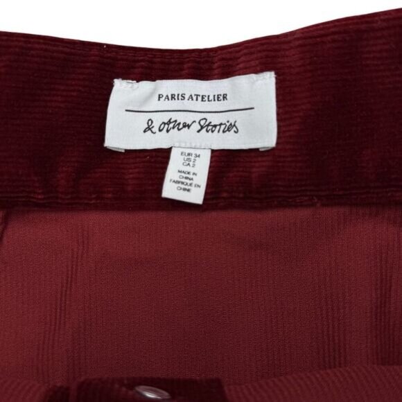 & OTHER STORIES Button Front Corduroy Mini Skirt Sz 2 Burgundy - Picture 4 of 5